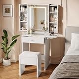 Einhomn Small Vanity Desk Set with Mirror and Lights, Glass Top Vanity with Storage, Compact Makeup Dressing Table with Stool and 2 Hidden Pull-Out Cabinets, for Bedroom, Saving Space, Ivory