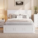 Zentrava Full White Pine Wood Bed Frame with Adjustable Headboard & 9.1" Storage (White, Full)
