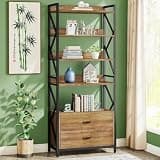 LOVEZOE 5 Tier Retro Bookshelf with 2 Drawers, 70.86 Inch Tall Bookcase for Home Office Living Room, E1 Particle Board and Metal Frame, 25.19” L x 13.77” W x 70.86” H