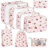 KPX 8 Set Packing Cubes for Travel, Luggage Packing Organizers Accessories Large Toiletries Bag for Clothes Shoes Cosmetics (8Set-Cherry & Bow)