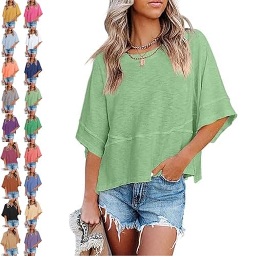 EEZCP Women's Summer Casual Crewneck Batwing Half Sleeve T-Shirts, Non-Slit Patched Solid Color Bell Sleeve Cute Flowy Tops (Medium,Light Green)