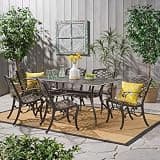 Hassyee Elegant 7 Pieces Aluminium Outdoor Dining Set with Rectangular Table for Dining Room, Poolside, Patio Furniture Set with Flower Pattern Backrests for Lawn, Balcony