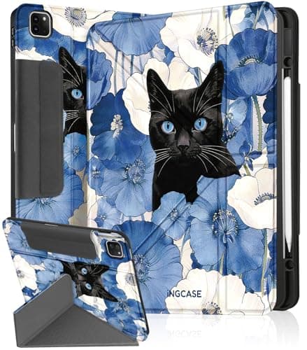 Ingcase for 13 inch iPad Air(M2/M3)/ 12.9 inch iPad Pro(6/5/4/3/2/1th) Case - Trifold & Y Stand for Women Cute Girly Build - in Pencil Holder and Auto Sleep/Wake Cover for Apple Tablet, Cat-Flower