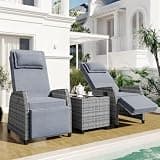 CHSICFOR Outdoor Rattan Patio Chair Set, 2-Person Chairs with Adjustable Backrest & Coffee Table, Furniture for Garden, Poolside, Balcony, Gray