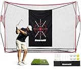 Bearwill Golf Net, 10x7ft Heavy Duty Golf Practice Nets with Mat, Target Cloth, 7 Tees, 6 Balls, Carry Bag for Backyard Driving Chipping Indoor Outdoor Training