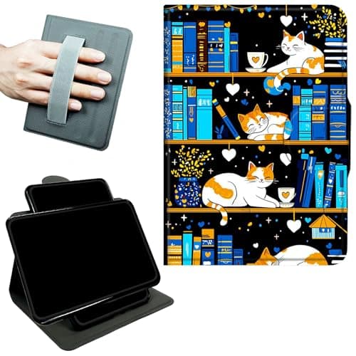 RWUTYTIUL Rotating Handle Case for iPad Pro 13 Inch M5 2025/M4 2024, 360 Degree Swivel Kickstand with Magnetic Closure, Shockproof Leather Protective Cover for Women Men, Blue Book Cat