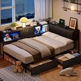 iPormis Twin Corner Bed Frame with 2 Storage Drawers, LED Lights & Charging Station, Storage Upholstered Headboard, Sturdy Platform Daybed for Living Room, Bedroom, Guest, Easy Assembly, Matte Black