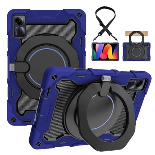 yixinA Heavy-Duty Protective Case for Xiaomi Redmi Pad SE 11" 2023, 360° Rotating Stand, Shoulder Strap, Pencil Holder & Handle Ring, Shockproof Cover for Kids & Adults(Dark Blue)