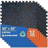 SUPERJARE 30" x 30" Larger Rubber Top Exercise Equipment Mats, 0.56" Thick 12PCS 75 Sq Ft High-Density EVA Foam Interlocking Gym Flooring, Big Workout Mat for Home Gym, Floor Protection, Black/Blue