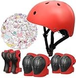 Kids Bike Helmet Set,CPSC Certified with Knee Elbow Wrist Pads Guards,Toddler Adjustable Black Helmet for Ages 2-3-5-8 Girls Child,Sports Protective Gear Set for Bicycle Skate Scooter Red