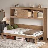 SOFTSEA Twin Size Horizontal Murphy Bed with Charging Station and Drawer, Wood Folding Hideaway Murphy Wall Bed, Wood