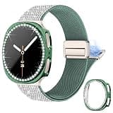 wipalor Bling Nylon Band with Case for Samsung Galaxy Watch 8 Band 40mm with Bling Protective Cover Case for Women, Sport Magnetic Dressy Samsung Galaxy Watch 8 Bands 40mm for Women-Green