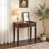 PADMA HOUSE Flip Top Wood Makeup Vanity Desk with Mirror, Small Dressing Table with Two Drawers Flip-up Wooden Writing Desk Secretary Table in Espresso for Bedroom Living Room
