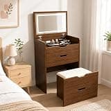 24" Makeup Vanity Desk with Flip Top Mirror and Light, 3 In 1 Compact Vanity with Hidden Stool Chair, Modern Dressing Table with Sliding Glass Top, Jewelry Organzier Storage For Small Space Bedroom