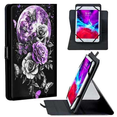 HEAKIERG Universal Tablet Case for 7", 7.9", 8.0", 8.3", 8.4", 8.7", 9" Android, Lightweight Flip Stand and Adjustable Shockproof Protective Case for 7" - 9" Touchscreen, Purple Moon Rose