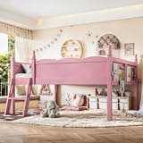 KEIKI Full Size Wood Low Loft Bed Frame with Ladder & Beside Bookshelf, Low Profile Design Loft Bed with Full-Length Guardrails & Solid Slats, No Box Spring Required, Easy Assembly, for Bedroom, Pink