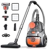 HawKam Canister Vacuum, Upgraded 1600W Bagless Canister Vacuum Cleaner, Auto Cord Rewind, H13 HEPA Filter, 4Qt Large Capacity, 5 Tools for Hard Floors, Carpet, Pet, Upholstery, Tiles, Tangerine