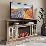 BELLEZE Traditional 58" Rustic TV Stand with 23" Electric Fireplace Heater with Sound, Media Entertainment Center Console Table for TV up to 65" with Open Storage Shelves and Cabinets - Ashland Pine