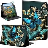 360 Rotating Case for iPad (A16) 11th / iPad 10th Generation (11 Inch 2025/10.9 Inch 2022), Slim PU Leather Shockproof Soft TPU Folio Stand Cover with Auto Wake/Sleep, Blue Gold Butterfly