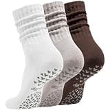 Acomono Women’s Pilates Socks with Grips – 3 Pairs Scrunch Crew Non-Slip Yoga Barre Workout Hospital Slipper Slouch Socks (US, Numeric, 5, 11, Regular, Regular, White+Khaki+Brown)