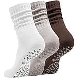 Acomono Women’s Pilates Socks with Grips – 3 Pairs Scrunch Crew Non-Slip Yoga Barre Workout Hospital Slipper Slouch Socks (US, Numeric, 5, 11, Regular, Regular, White+Khaki+Brown)