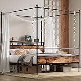 LIKIMIO Canopy Bed Frame King with Storage Headboard & Charging Station, Sturdy Metal Platform Bed with 4 Removable Posts, Dual Purpose Bed Frame, No Box Spring Needed, Noise Free