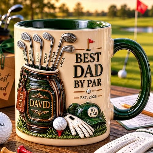 Personalized Golf Dad Mug, Custom Best Dad By Par 2D Flat Mug for Father’s Day, Golf Lover Cup with Kids Names, Funny Golfs Gift for Daddy Grandpa Husband from Son Daughter, Golfing Papa Gift