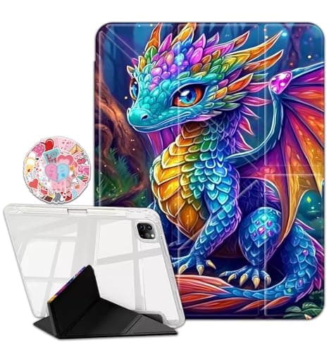 Case for iPad Air 13 Inch M3 2025 & M2 2024 / iPad Pro 12.9 inch (3/4/5/6th Gen),Clear Back Y-Fold Standing Cover with Pencil Holder Auto Sleep/Wake, Rainbow Baby Dragon