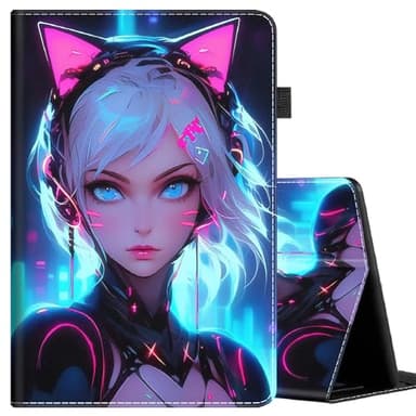 Case Fits Amazon Kindle Fire HD 8 & 8 Plus Tablet (12th Generation/10th Generation, 2022/2020 Release) 8, Multi-Angle Smart Stand Cover Auto Sleep/Wake ,Cat Girl Blue Neon Anime