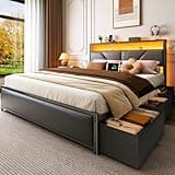 OURPIC Queen Bed Frame, 2-Tier Storage Headboard & 6 Fabric Drawers, PU Leather Upholstered Queen Size Platform Bed with Charging Station and LED Lights, No Box Spring Needed, Noise Free