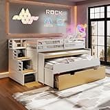 jurmiture Twin XL Loft Bed with Pull-Out Desk and Twin Trundle, Multi-Functional Bunk Bed with 2 Drawers and Storage Steps, Space-Saving Gaming & Workstation Bedframe for Kids Boys Girls, White+Wood