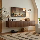 Floating TV Stand 71 Inch, Wall Mounted Entertainment Center , Mid-Century Modern Media Console with Storage & Sliding Door, Floating Shelf for TVs up to 70" 80"90", Living Room Bedroom, Walnut
