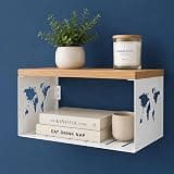 NBMFGD World Map Cutout Floating Wall Shelf, 2-Tier Modern Wall Mounted Storage Shelves with Wood Top and Metal Frame, Decorative Display Shelf for Living Room, Bedroom, Bathroom, Office, White & Oak