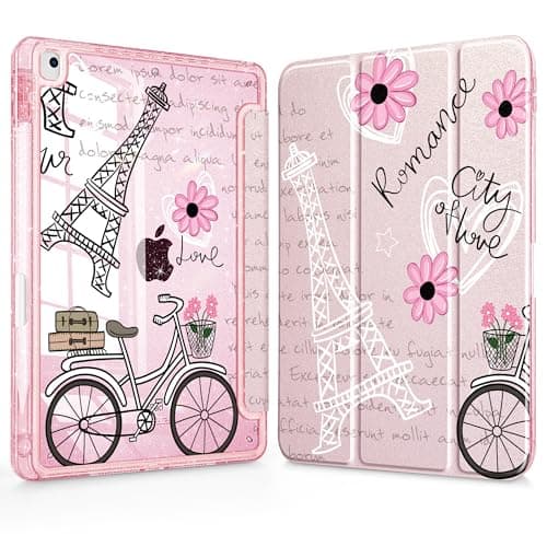Tuiklol for iPad 10.2 inch 9th/8th/7th Gen 2021 2020 2019 Case, Built in Pencil Holder Sparkly Protection Stand Clear Back Cover- Trifold Stand-Auto Wake/Sleep for iPad 10.2 Case,Iron Towe