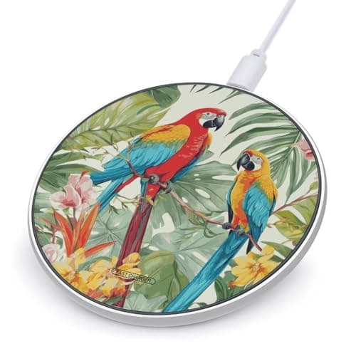 Tropical Plants and Parrots Wireless Charger 10W Fast Charging Pad Anti-Slip Qi Certified Wireless Charging Pad Charging Station Portable Phone Charger for All Wireless Charging Smartphone