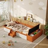Merax Twin Size Floor Bed with Padded Guardrails, Velvet Upholstered Daybed Frame with Stairs & Gas Lift Storage Ottoman, Contrast Color Wood Bed for Living Room, Brown+White