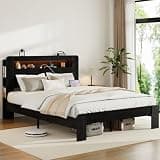 Bed Frame Full Size, Wood Platform Bed Frame with Storage LED Light Headboard and 2 USB, Noise Free,No Box Spring Needed and Easy Assembly Tool,Large Under Bed Storage,Dark Black