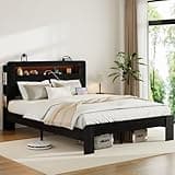 Bed Frame Full Size, Wood Platform Bed Frame with Storage LED Light Headboard and 2 USB, Noise Free,No Box Spring Needed and Easy Assembly Tool,Large Under Bed Storage,Dark Black