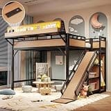 IZLKQC Full Size Metal Loft Bed for Children, Black & Natural