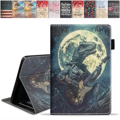 FQTBCEARI Designed Case for All-New Amazon Kindle Fire 7 Tablet (7", 12th Generation, 2022 Release), Slim PU Leather Cover with Card Slot & Auto Wake/Sleep, Dinosaur Playing Guitar Under The Moon