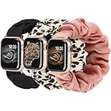 TOYOUTHS 3 Pack Compatible with Apple Watch Band Scrunchies Women 38/40/41/42mm Cute Stretchy Elastic Cloth Fabric Strap Bracelet for iWatch Series 11 10 9 8 7 6 5 4 SE 3 2 1, Black/Leopard/Pink, M