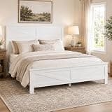 ivoros Wood Bed Frame Queen Size, Rustic Farmhouse Platform Bed with Headboard, Barn Door Design, Wooden Slat Support Bed Frame, No Box Spring Needed, White