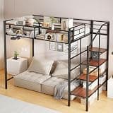 Harper & Bright Designs Twin Size Loft Bed with Storage Stairs and Open Shelves, Heavy Duty Metal Loft Bed with Full-Length Guardrails and Noise Reduced, Space Saving, Black