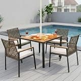 TOAUUO 5-Piece All Weather Patio Dining Set, Acacia Wood Table with Umbrella Hole, Coffee Brown PE Rattan Chairs 352lb Capacity for Patio Garden Backyard
