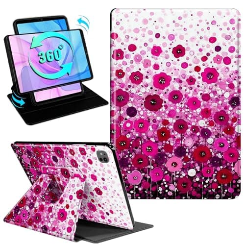 Gmeyutqy Case for iPad Pro 11 Inch (M5/M4) 2025/2024, 360 Degree Rotating Swivel Stand Flip Leather Cover, Multiple Angles, Auto Sleep/Wake, Pink Poppy Field