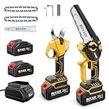 BUYJOY Mini Chainsaw & Electric Pruning Shears Combo, 6-inch Brushless Handheld Power Chain Saw, 1.8” Cutting Cordless Pruner for Tree Trimming, Tools Kit with 2x4000mAh Batteries, Fast Charger
