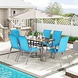 TLSUNNY Patio Dining Set for 6, Outdoor Table and Chairs W/1.69″ Umbrella Hole, 30"X 55" Table and Stackable Textilene Chair, All Weather Patio Furniture Set (Brown Table & Sky Blue Chair)