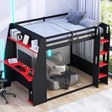 SUANGLNG Full Size Gaming Bunk Bed with Desk Solid Wood and MDF LED Light USB Port Storage Shelves (Black+Red)