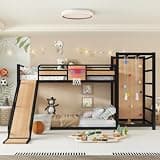 Bellemave Twin XL Bunk Bed with Basketball Hoop, Pull-up Rings and Climbing Wall, Twin XL Bunk Bed with Slide and Bookcase, Heavy Duty Bunk Beds with Guardrail, Natural