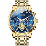OLEVS Gold Mens Watch Blue Face Classic Luxury Fancy Nice Dress Watch Men Big Dial Date Stainless Steel Water Resistant Quartz Analog Men's Wrist Watches Moon Phase Skeleton Relojes De Hombre